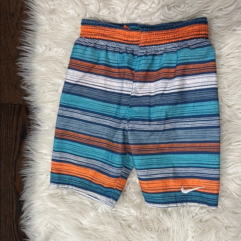Nike Blue and Orange Striped Shorts with Elastic Waistband